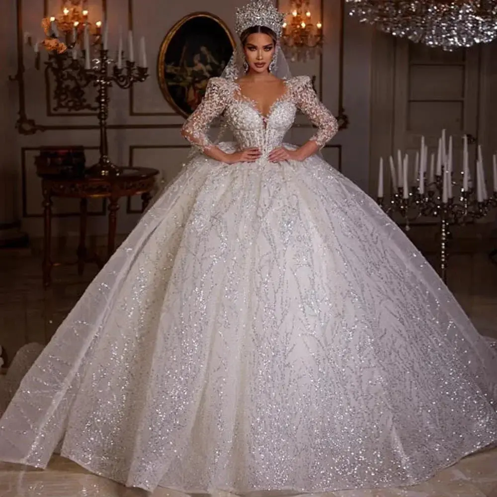 Customized Ball Gown Sparkly Wedding Dresses  Long Sleeve Robe  Lace Beaded Princess Glitter Vestido De Novia