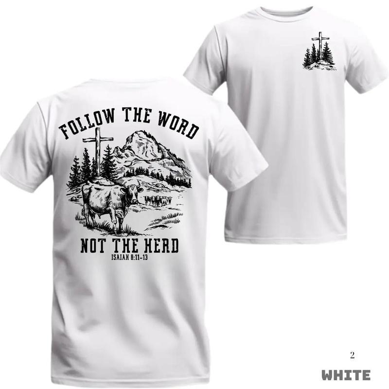 Faith 2026 Follow The Word Not The Herd T-shirt -With Cross Cow And Mountain Graphic For Church Or Outdoor Wear Evangelical Christian Message Unisex Menswear Tops shirts  women