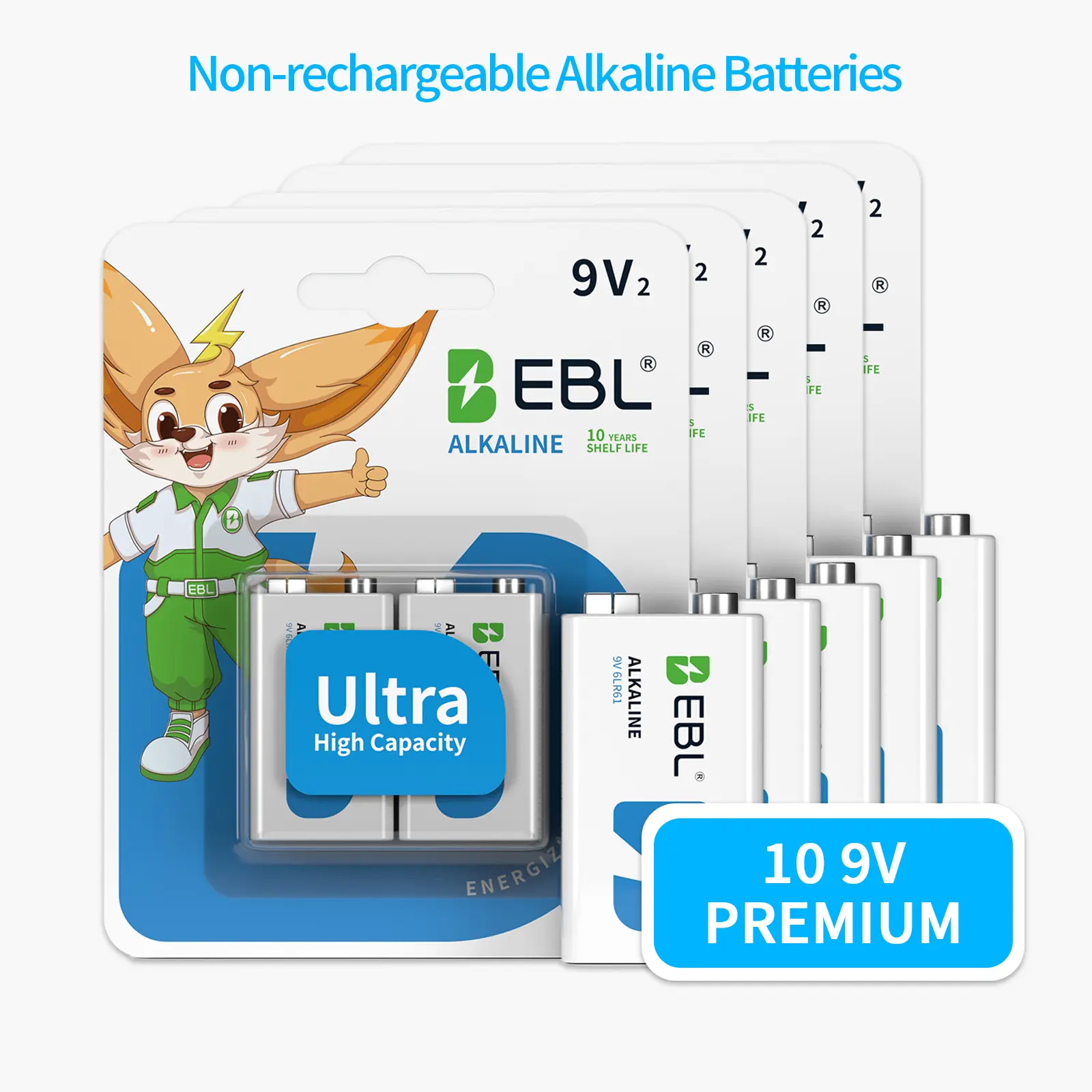 EBL 9V Non-Rechargeable Alkaline Batteries 10-Pack (5 x 2-Packs) - Long-Lasting Battery for Smoke Detectors, Remote, Electronic, Wireless Devices, 10-Year Shelf Life, Stockup Option