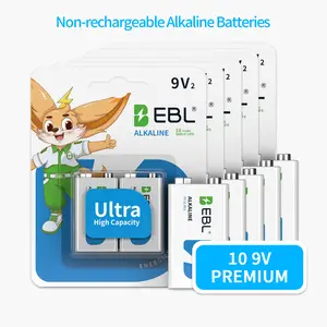 EBL 9V Batteries 10-Pack (5 x 2-Packs)-Non-rechargeable, Long-Lasting Alkaline Power for Smoke Detectors & Devices, 10-Year Shelf Life