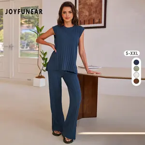 Joyfunear 2025 summer Women Sweater Set 2 Piece Lounge Set short sleeve Knit Pullover Tops High Waisted  wide leg Pants Outfits