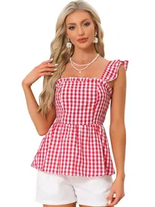 INSPIRE CHIC Summer Square Neck Sleeveless Plaid Blouse Gingham Peplum Top