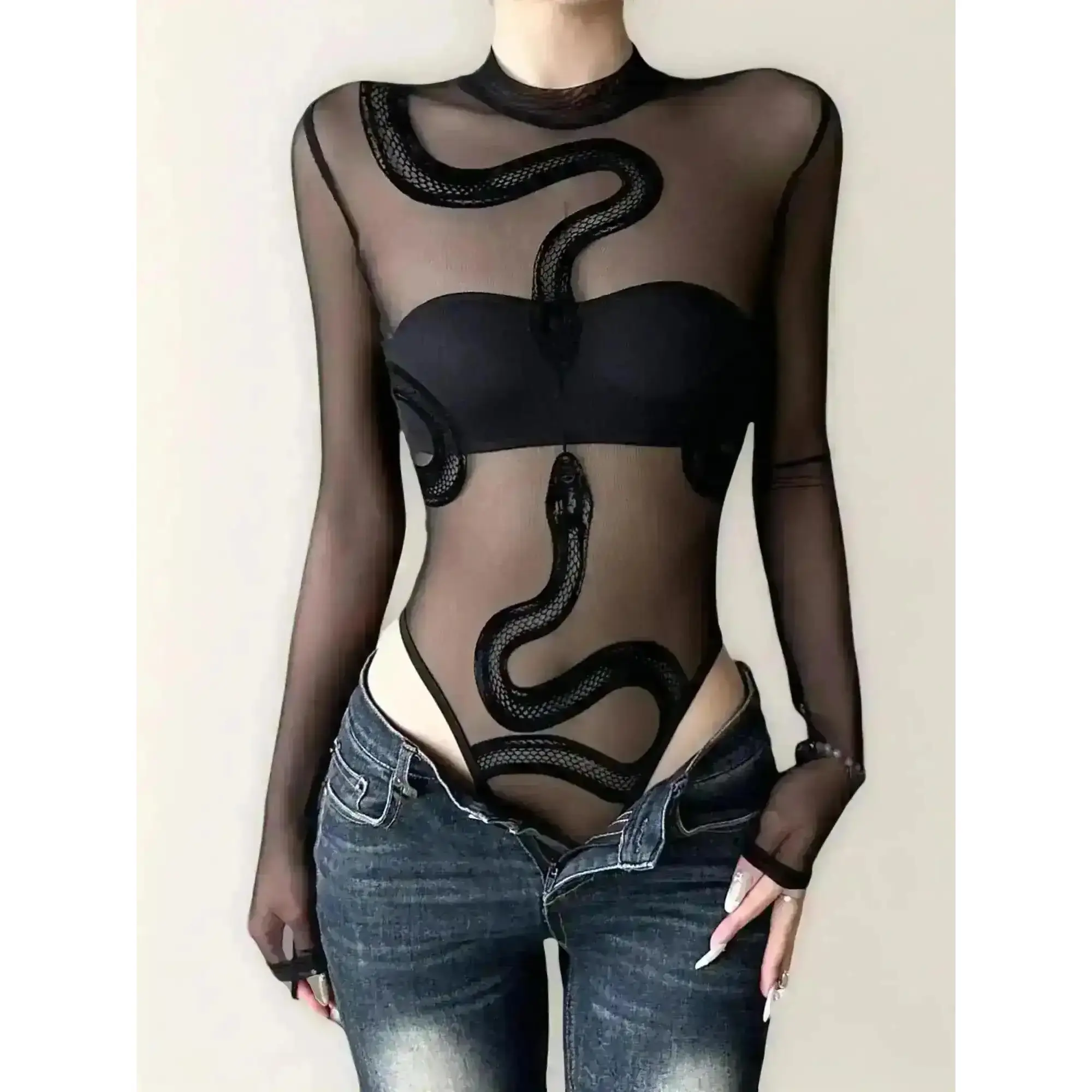 Sheer Velvet Snake Print Mesh Bodysuit, Womenswear, Sexy Slim-Fitting All-In-One for Summer, Elegant and Bold Fashion Statement Piece, On The Go, Jumpsuit Style, Comfy, Relaxed Fit, Minimalist Chic, Sunny Days