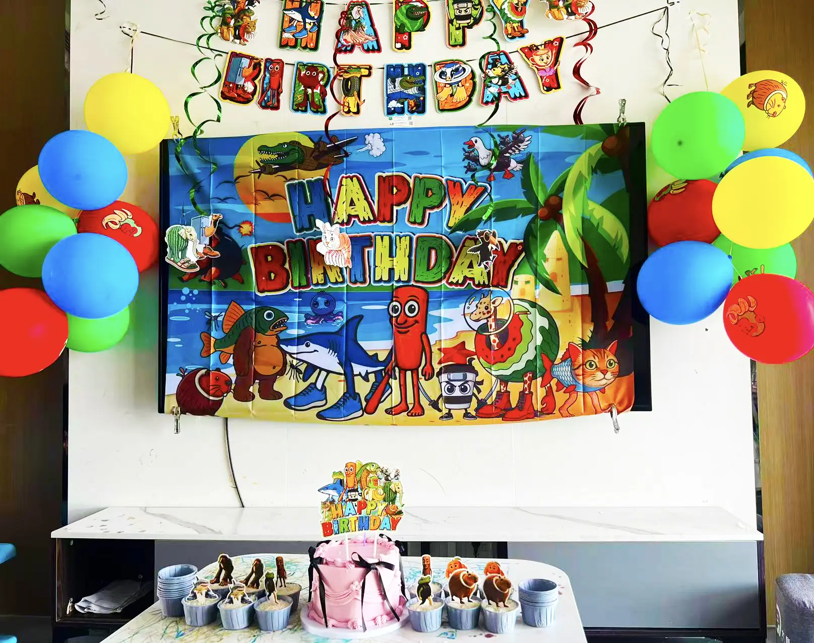 Eid al-Fitr 100 pcs Eid al-Fitr Italian Brainrot Party Decorations Shark in the Shoe Bombardiro Crocodilo Birthday Party Decoration Set – Includes Banner, Balloons, Cake Topper Stickers