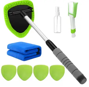8PCS Car Window Cleaner Kit with Extendable Handle Windshield  Tool, 4 Reusable Microfiber Pads,1 Premium Microfiber Towel, Air Vent Brush & Empty Spray Bottle