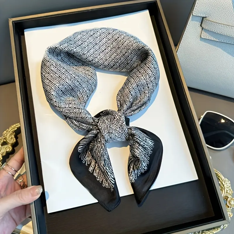Women's Paisley Silk Head Scarf - Small Square Neckband in Black & Gray, Fashion Accessory for Spring & Autumn, Square Head Scarf, Small Square Design