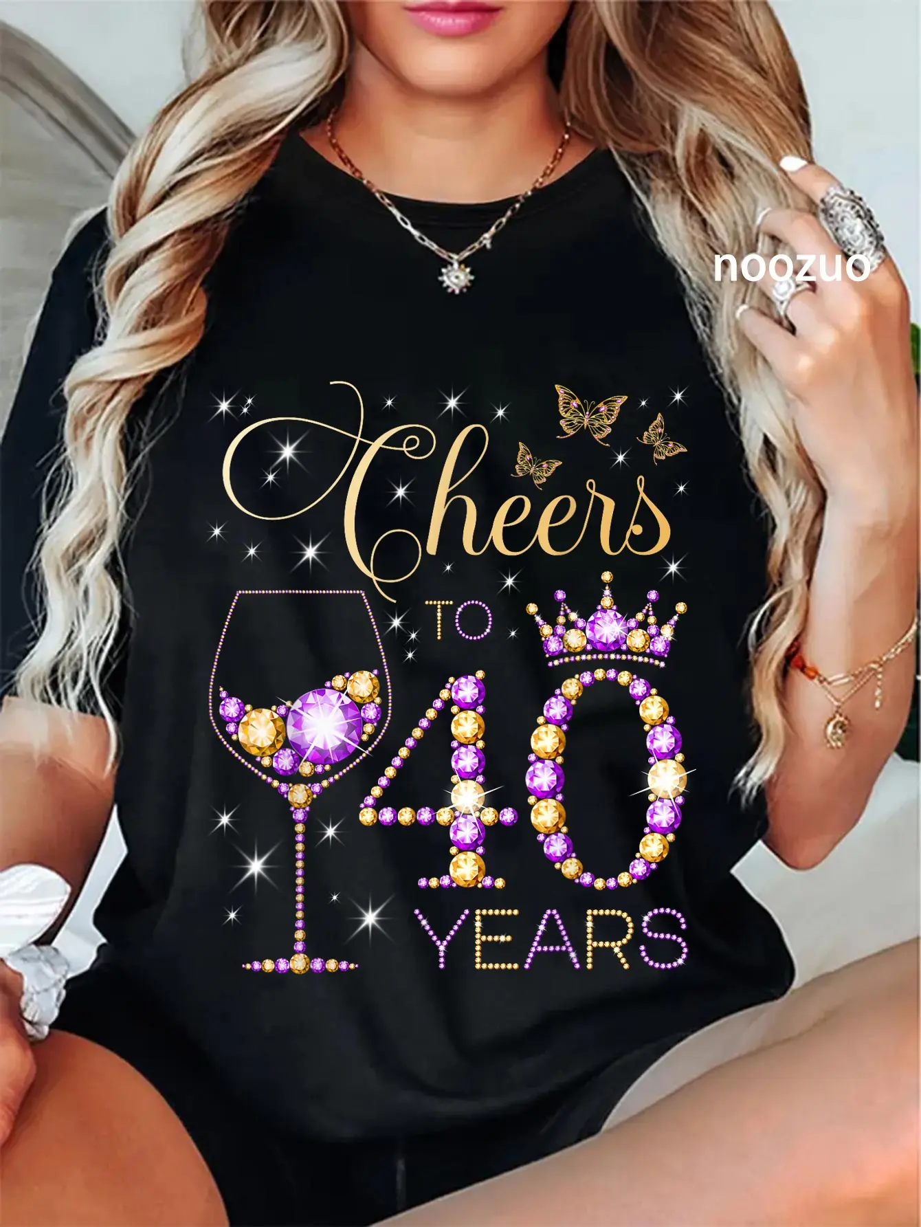 Women's 100% Cotton Graphic T-Shirt - 40th Birthday Crew Neck Short Sleeve Top with Playful 'Cheers to 40 Years' Distressed Edge Print, Everyday Wear