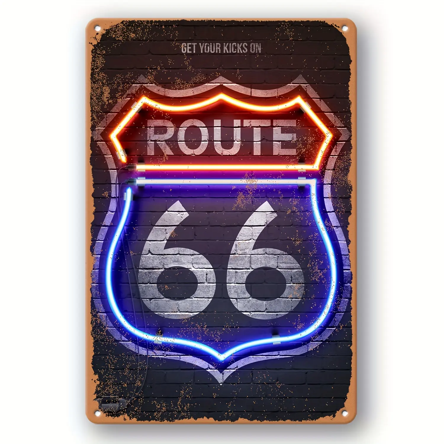 Retro Route 66 Neon Steel Hanging Rectangle Wall Metal Plaque Signage, 12in x 8in (30cm x 20cm) Vintage 60s Style Vertical Wall Home Speciality Plaques & Signs for Indoor, Outdoor Bar-Restaurant Use