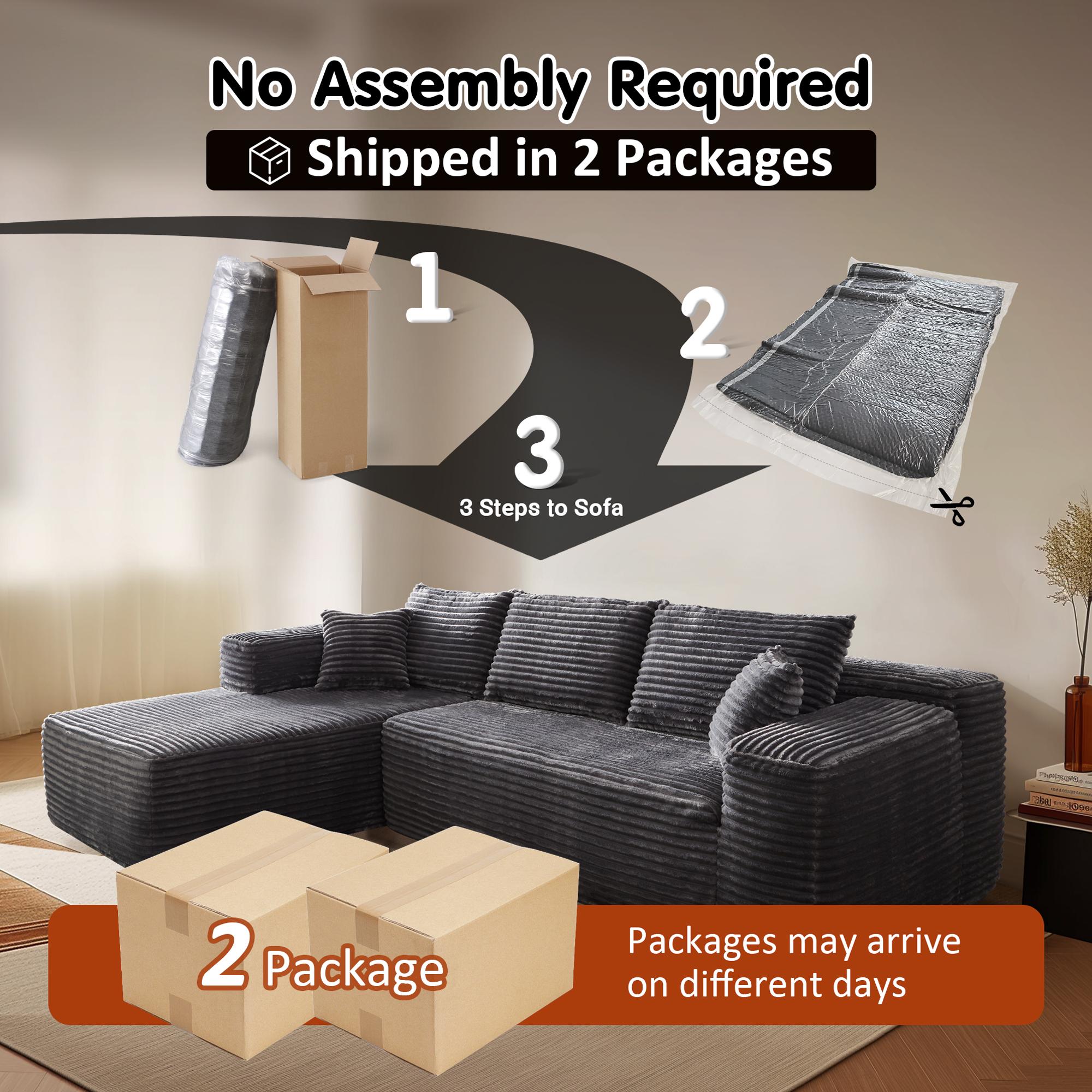 【2 Packages Shipping】Ovios 106" Plush Corduroy Cloud Velvet Modular Boneless Couch with Chaise & Ottoman, No Assembly Required - L/U-Shaped Sectional Sofa Set with Flexible Configuration - 107"W x 69.5"D x 30"H, 3 Seater
