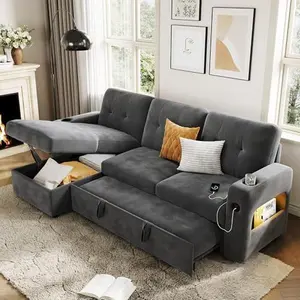 84 Inch Sleeper Sofa Bed, L-Shaped Sofa, Convertible Pull Out Couch Bed with Storage, Charging Station, LED Lights, Modern Sectional Sofa for Living Room, Apartment, Velvet, Dark Grey