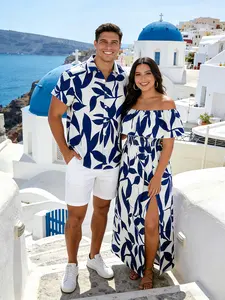 DRESSLILY 2026 Vacation Couple Outfit Women's Leaf Patten Off the Shoulder Slit Long Dress and Men's Button Up Shirt Set