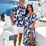 DRESSLILY 2026 Vacation Couple Outfit Women's Leaf Patten Off the Shoulder Slit Long Dress and Men's Button Up Shirt Set
