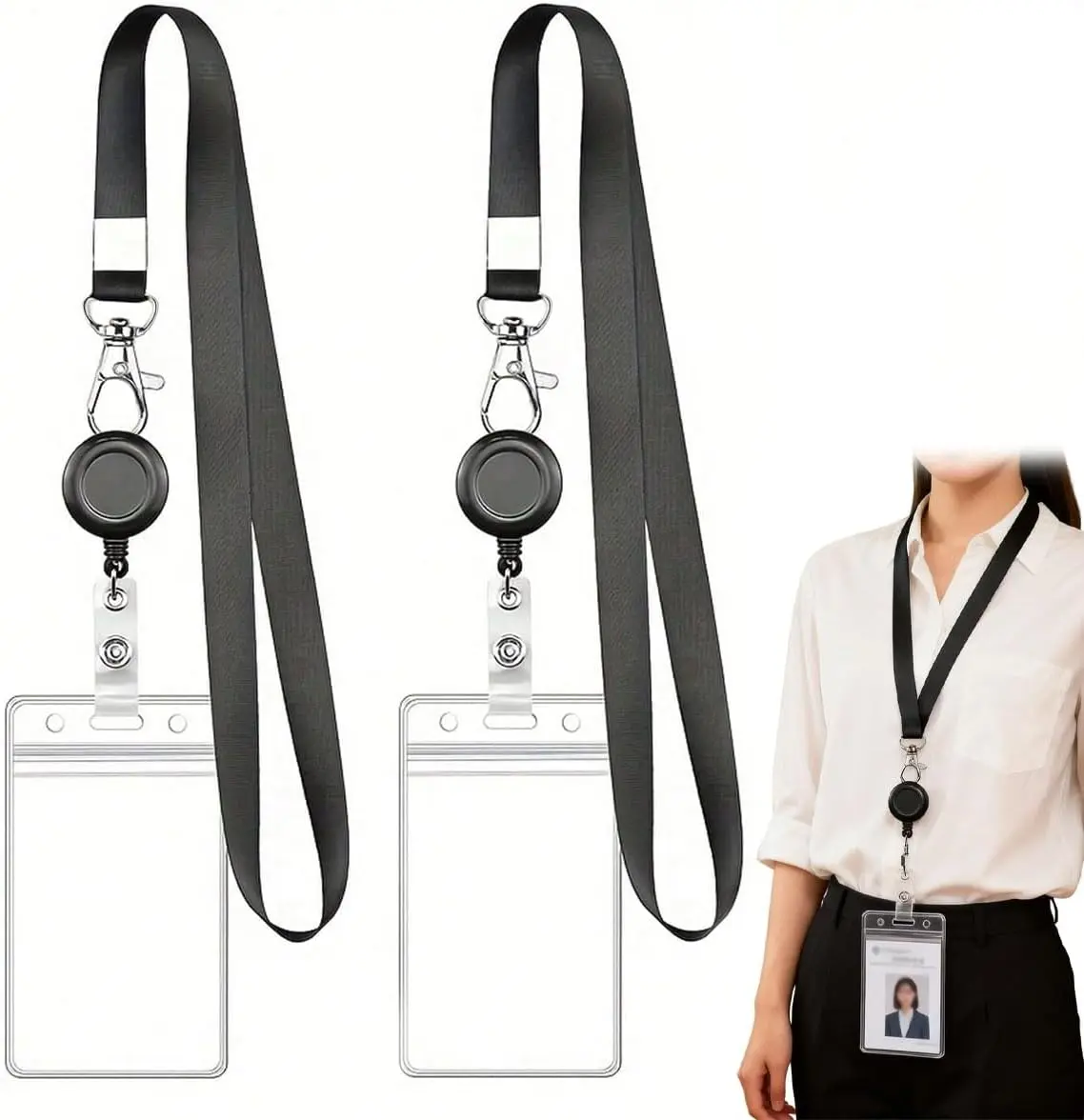 Back to school essential – Waterproof clear vertical ID card holder, 1-2 pack – With neck lanyard & retractable clip – For office, student & conference badge reels