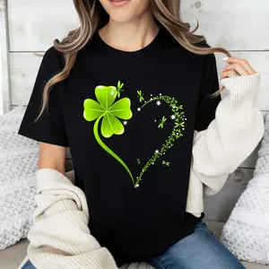 Crew Neck T Shirt  Four Leaf Clover Heart Design St Patrick's Day Celebration