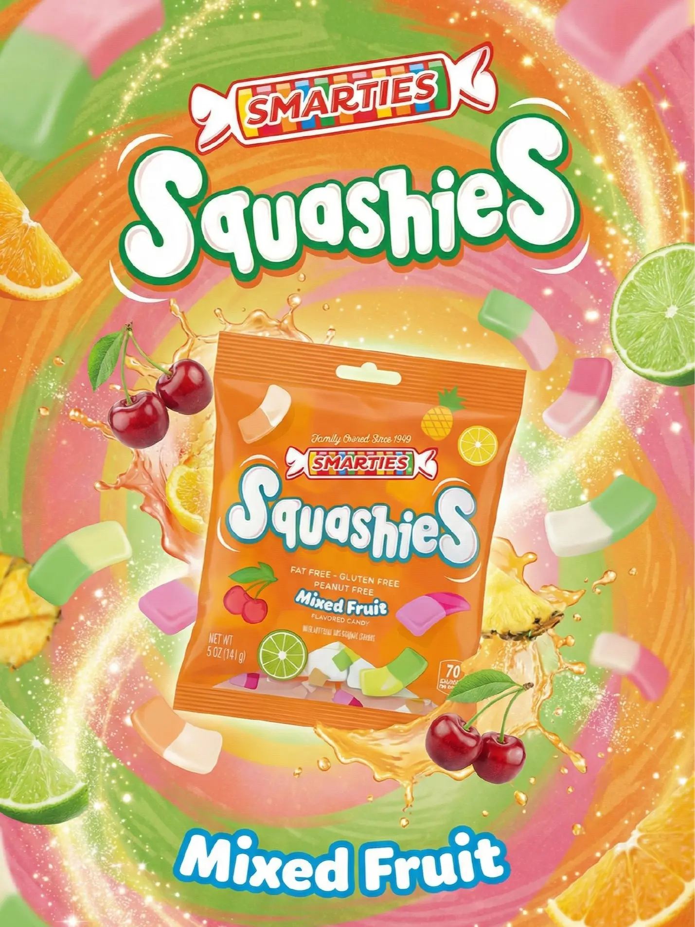 Smarties Squashies Gelatine-Free Mixed Fruit Chewy Candy Treat - Natural, GMO-Free Sweet Snack, Ideal for Cupboard Storage, Perfect for Birthday Gifting