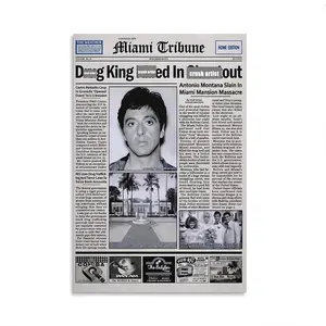Pacino Tony Montana Newspaper Poster Print Scar Face Trendy Wall Art Canvas Collectible Gift for Movie Enthusiasts High-Quality Solid Wood Frame Waterproof Design