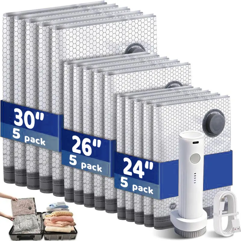 Cordless Travel Vacuum Storage Bags Set - 15 Pack Space Saver, USB Rechargeable Pump, 140L/Min Fast Compression, Waterproof Reusable Space Saver for Clothes, Suitcase & Carry-On Travel Packing Organizer. Plastic Seal Sealing Machine, Wireless Vacuum Pump