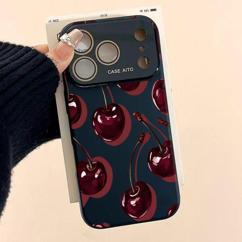 Low-Saturation Retro Red Cherry Pattern Dopamine Ins Style Solid Color Phone Case Ultra Skin Friendly Touch All Inclusive Lens Compatible with Apple iPhone 17 Air 16 15 14 13 12 Por Max
