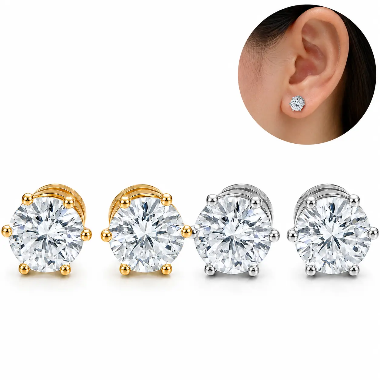 Non-Piercing Magnetic Stud Earrings for Women and Men, 8mm Sparkling Cubic Zirconia Clip-On Earrings with Polished Stainless Steel Setting