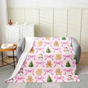 Aura Blankets Pink Christmas Fleece Throw Blanket Kids Baby Cute Bowknot Gingerbread Man Flannel Blanket Plush Fuzzy for Boys Girls Teens Xmas
