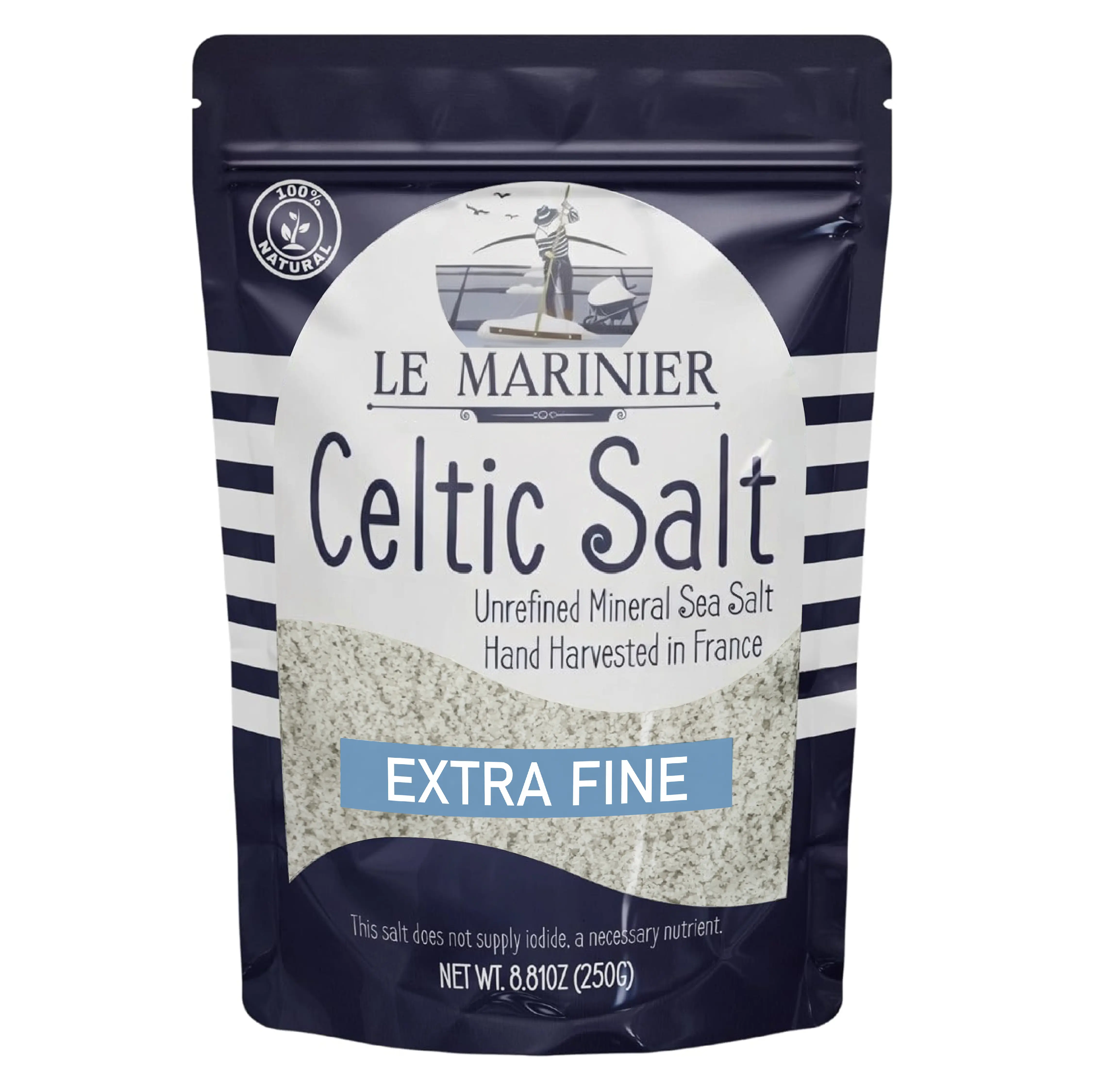 Le Marinier Celtic Salt Extra Fine 8.81oz Mineral-Rich Unrefined Sea Salt 100% Natural Hand Harvested Mineral Light Grey Electrolyte Low Sodium