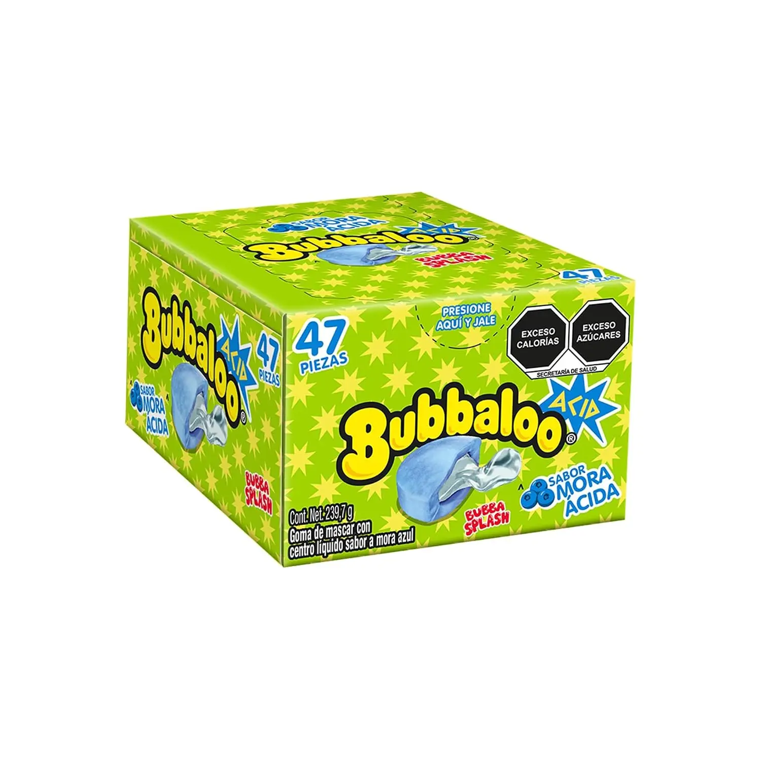 Bubbaloo Mora ACIDA Chewing Bubble Gum with Liquid Filled Center, Box of 47 Pieces, Mexican Candy, Dulces Mexicanos Sweet Party