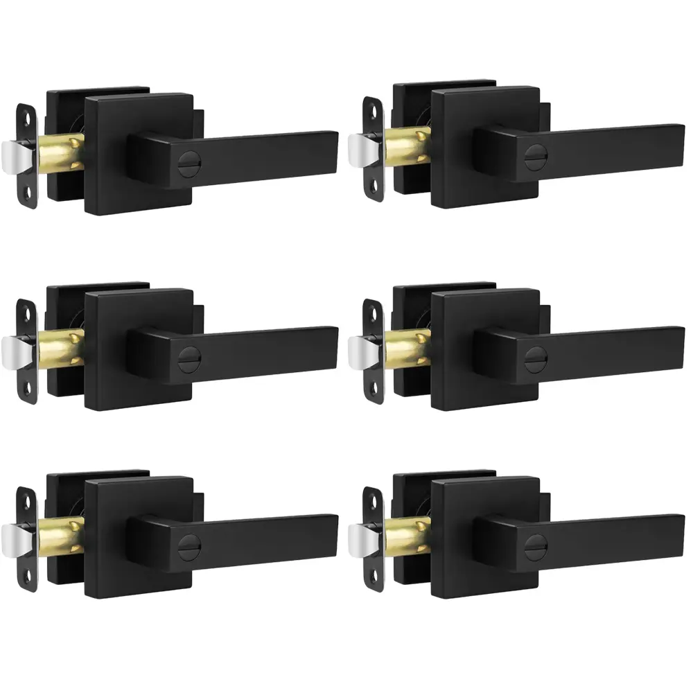 6 Pack Matte Black Door Handles, Keyless Interior Door Knobs, Privacy Door Lever Locksets for Bedroom Bathroom, Heavy Duty Square Door Lock (2.0lb), Reversible for Left&Right Handled Doors