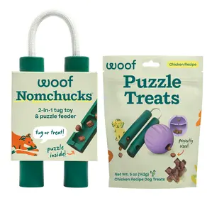 Woof Nomchucks and Puzzle Treats Bundle - Dual Puzzle Feeder Dog Toy and Tug Toy - Includes Nutritious Chicken Training Treats Refills - The Perfect Bundle for Dog Enrichment