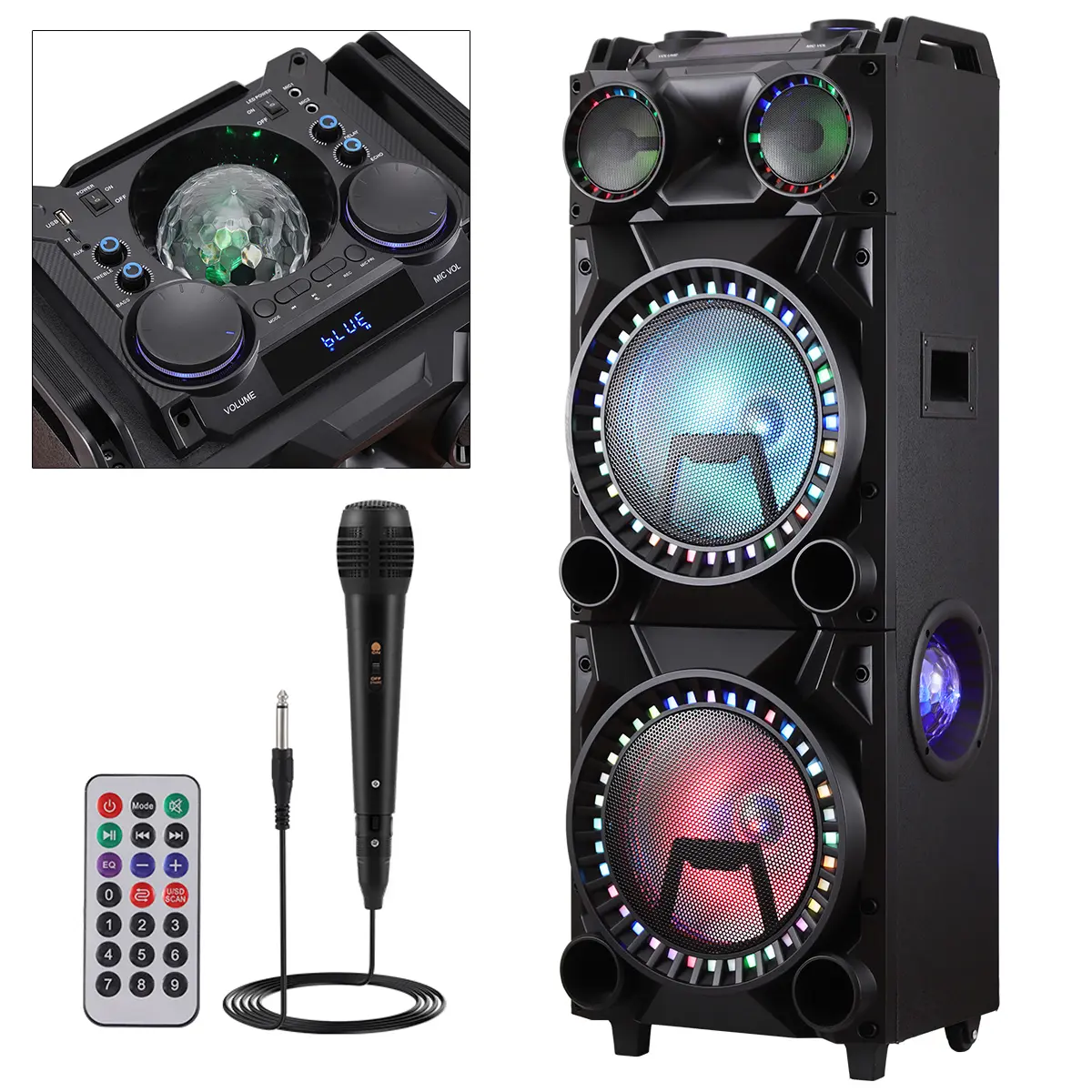 12" Dual Wooden Bluetooth PA Karaoke Speaker System - Portable Outdoor Audio, Hifi Stereo Sound, Colorful DJ Lights, Rechargeable, W/ Microphone, FM, USB, TF, TWS, Remote Control, Smartphone Compatible