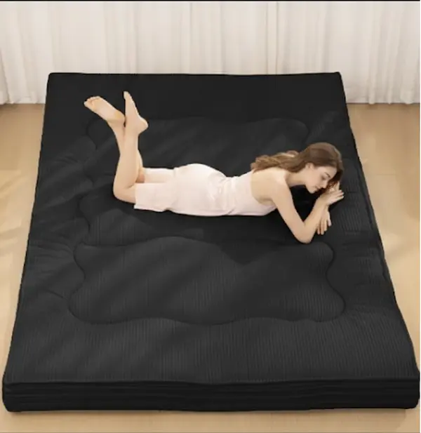 Winzoo Japanese 4-in Thick Corduroy Futon Mattress - Foldable, Rollable, Carry-Friendly Ergonomic Floor Pad with Restore Function, Travel Use, Eases Spinal Strain, Disperses Pressure for Adults' Guest Room Bedroom