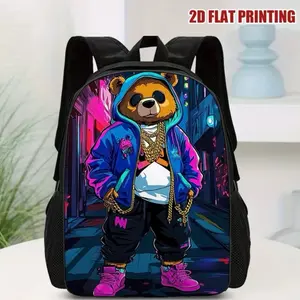 Bear Printed Backpack Cool Colorful Bear Pattern Unisex Casual Daily Lightweight Travel Polyester Backpack for Outdoor University Hiking Camping with Adjustable Strap Zipper Closure 2D Flat Printing