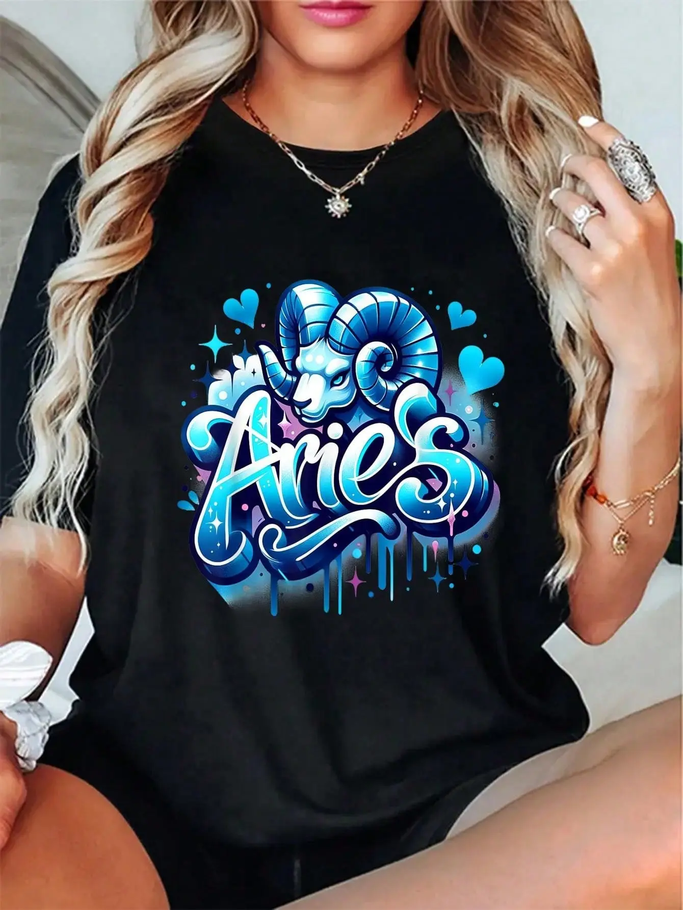 Women's Vintage Aries Graphic T-Shirt - 100% Cotton Short-Sleeve Casual Round Neck All-Seasons Streetwear Top with Zodiac Print, Everyday Wear, Wide Range of Sizes