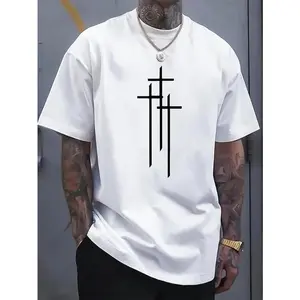 Cross Printed Men's T-Shirt, Casual Style, Short Sleeve, Summer Tee, Crew Neck, Soft Cotton Top