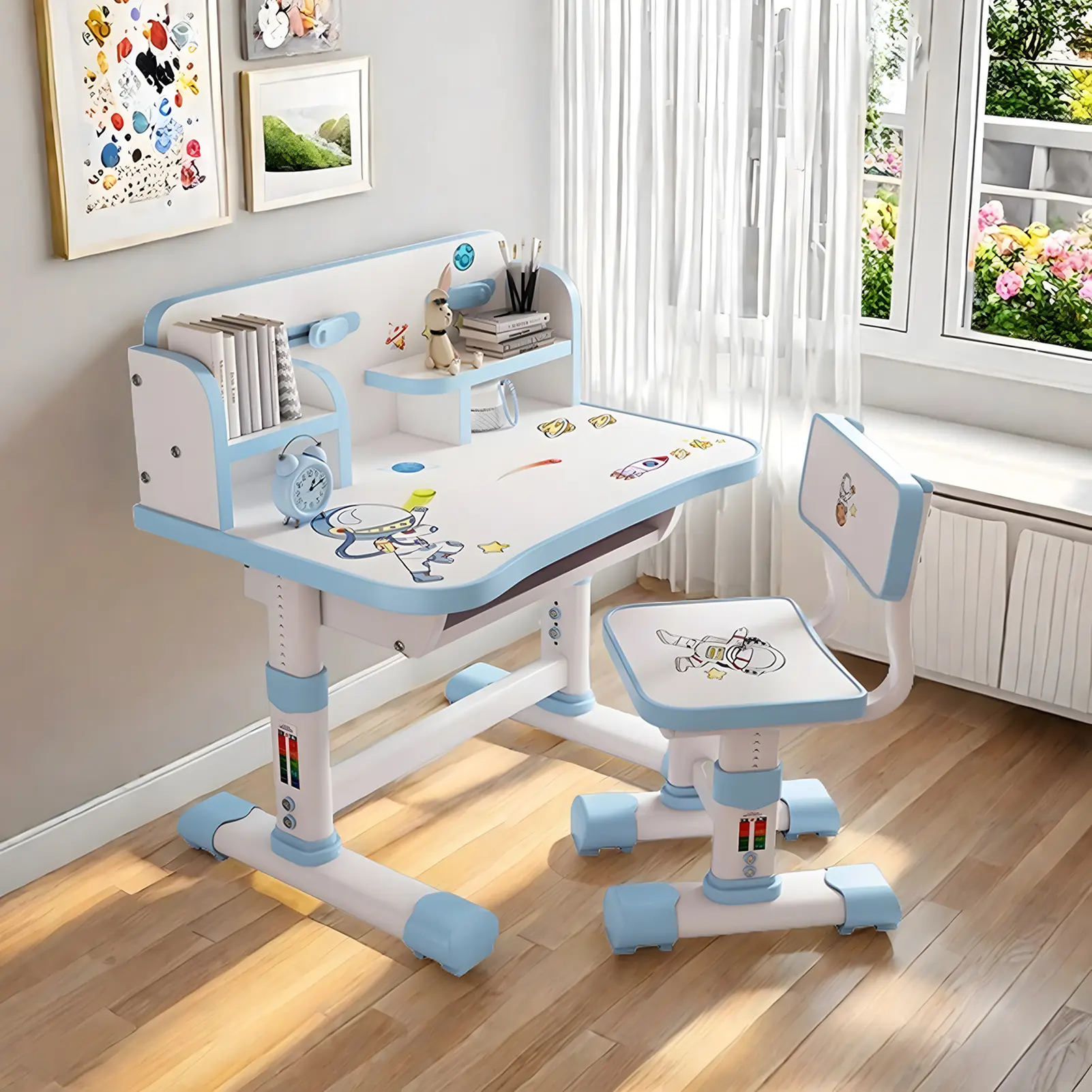 Cartoon Kids' Height-Adjustable Desk and Chair Set, Children's Office Furniture with Myopia-Protection Golden Distance Design, Spacious Storage Drawer, Steel Frame, Easy Assembly for Home Study