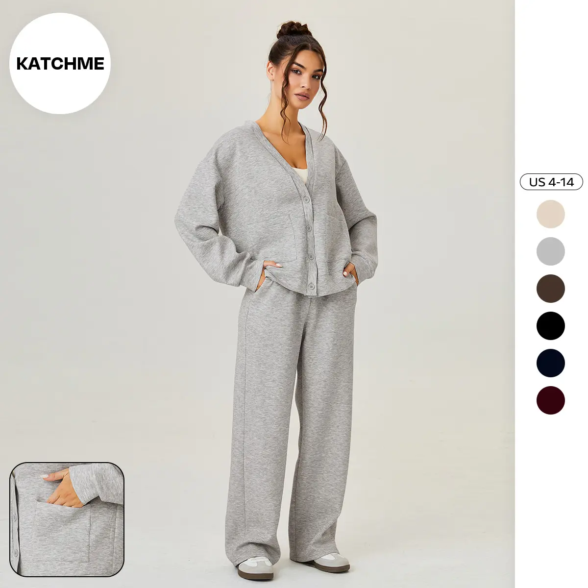 KatchMe Women's Slouchy Solid Color V Neck Long Sleeve Button Cardigan & Drawstring Waist Trousers Co-ord, Soft Two Piece Outfits, Casual Womenswear(3)