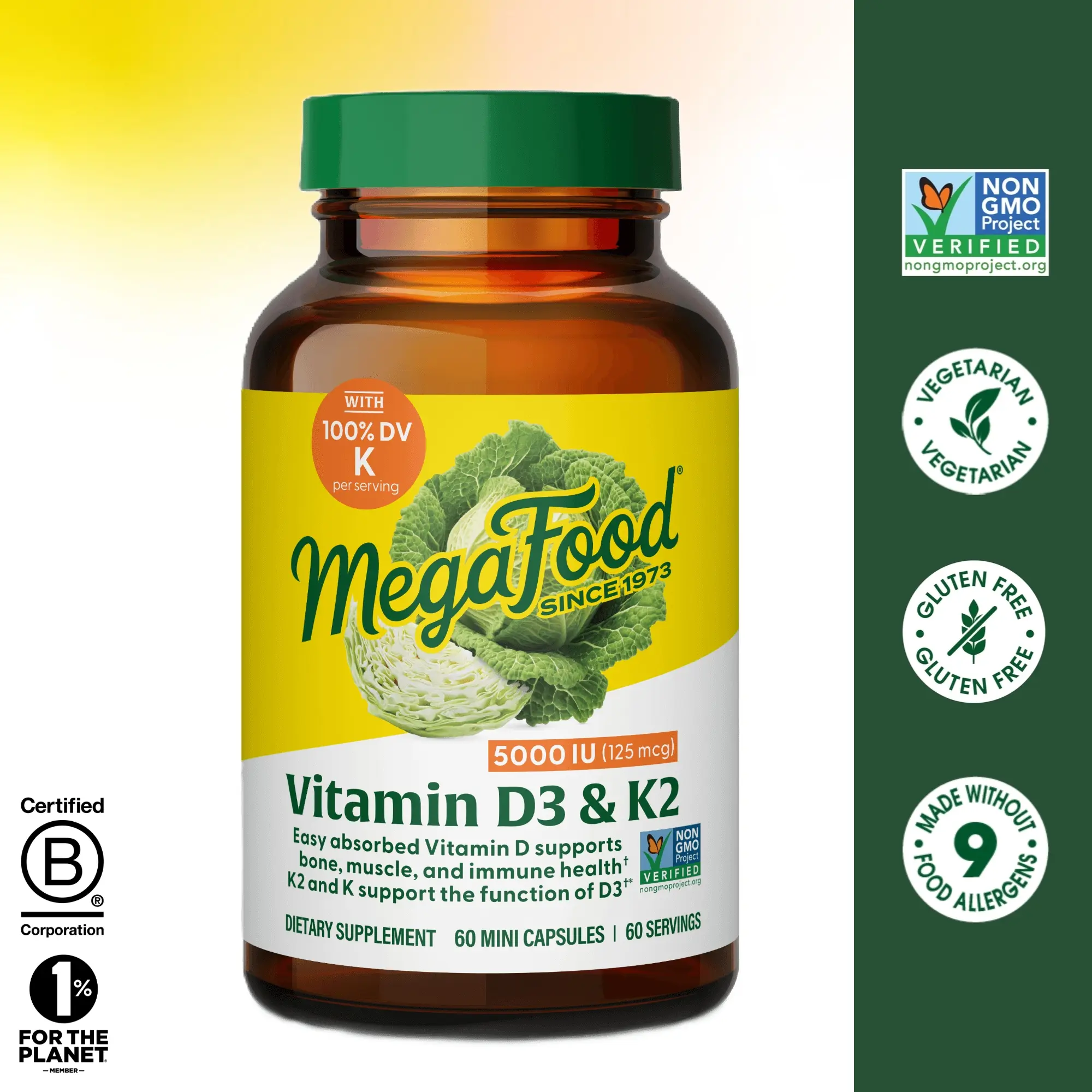 MegaFood Vitamin D3 5000 IU 125mcg + Vitamin K2 - High Potency, Easily Absorbed - Bone, Muscle, Immune Health Support - 60 Servings - Daily Supplement Antioxidant