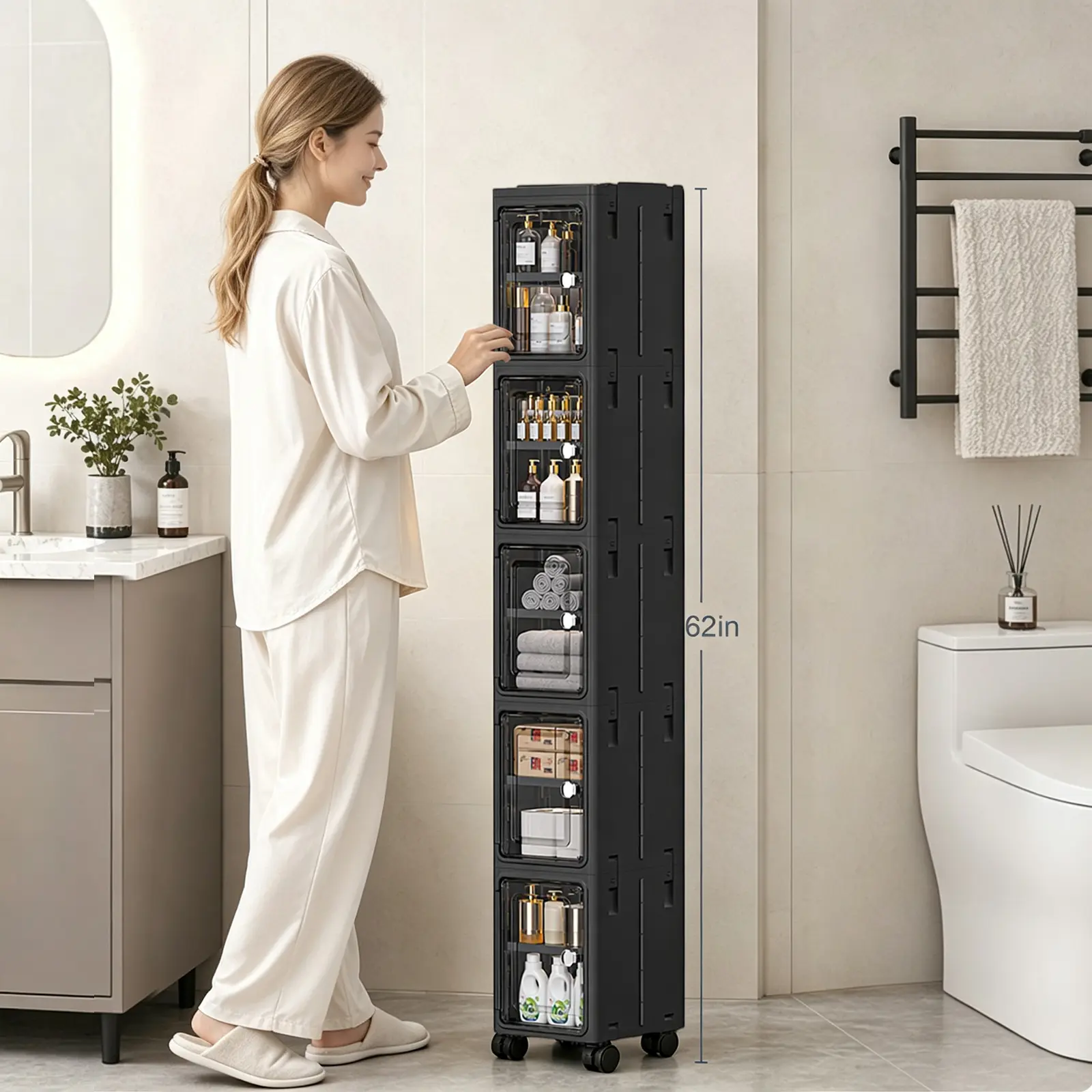 5-Tier Black Slim Narrow Rolling Storage Cabinet Tall Bathroom Organizer with Adjustable Shelves for Small Space Laundry Kitchen