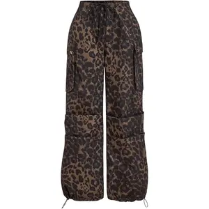 Floerns Women's Leopard Straight Leg Cargo Pants Cheetah Drawstring Ruched Trousers Wide Stretch Yoga Lounge Lace Patchwork Bodycon Print Bow Oversized Casual Sports Vintage High Rise Ruffle Jeans Elegant Plus Size Corduroy Black yoga halar corduroy love
