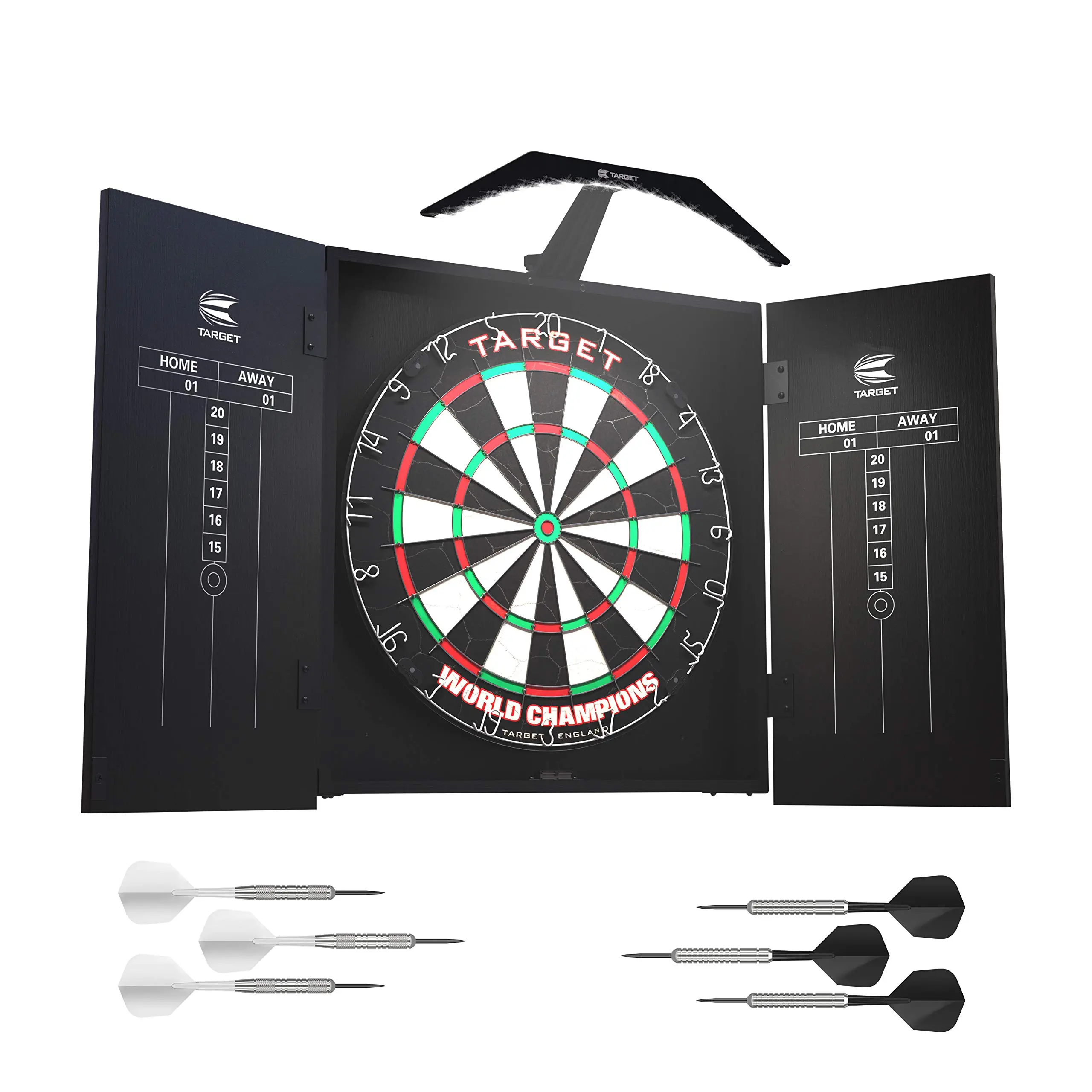 Target Darts Arc Cabinet Set with Black Finish, Includes World Champion Round Wire Board, Arc LED Lighting, and 2 Sets of Brass Darts, Darts Gear
