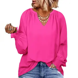 Eytino Womens Plus Size Tops Sexy V Neck Smocked Long Sleeve Casual Chiffon Blouse Flowy Work Shirts(1X-5X)