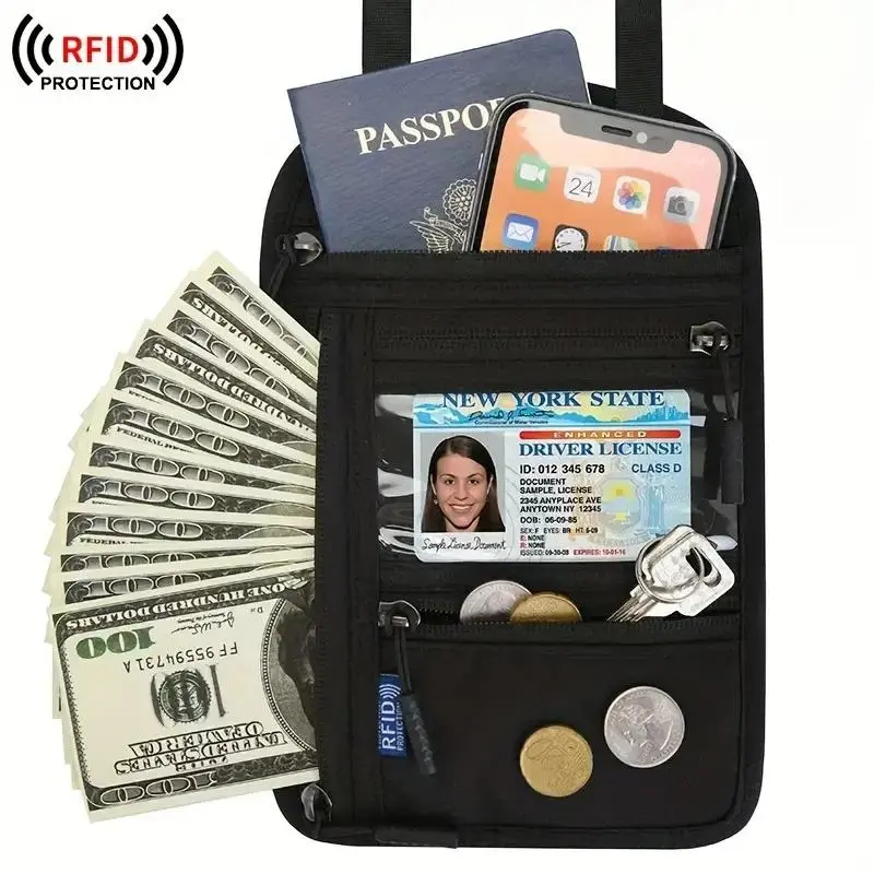 【NEW UPDATED】Neck Wallet,RFID Blocking Passport Holder, Easy to Conceal Travel Pouch,Multi-Functional Crossbody Wallet with Adjustable Neck Strap,Durable Nylon Storage Bag for Secure&Convenient Travel