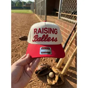Raising Ballers Hat: Red Varsity Embroidered Cap, Sports Mom Gameday Gift