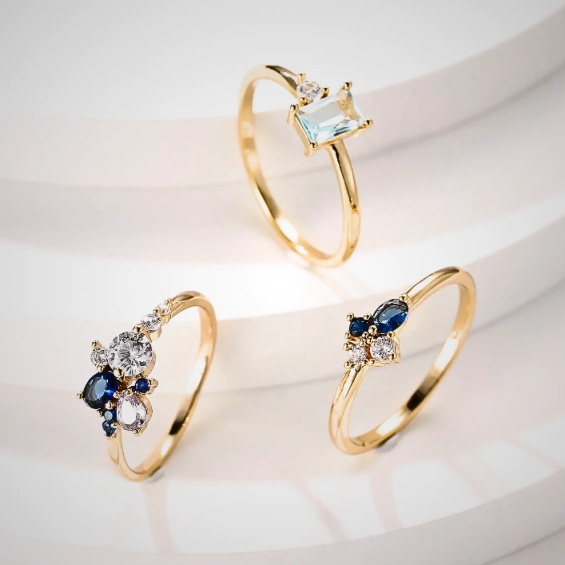 3 Piece Vintage Inspired Ring Set, Navy Blue Gold Fashion Jewelry For Women