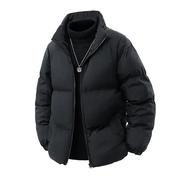 Men's Stylish Woven Down Jacket - Black Oversized Long Sleeve Zip-Up Winter Coat for Casual Streetwear, Menswear Tops