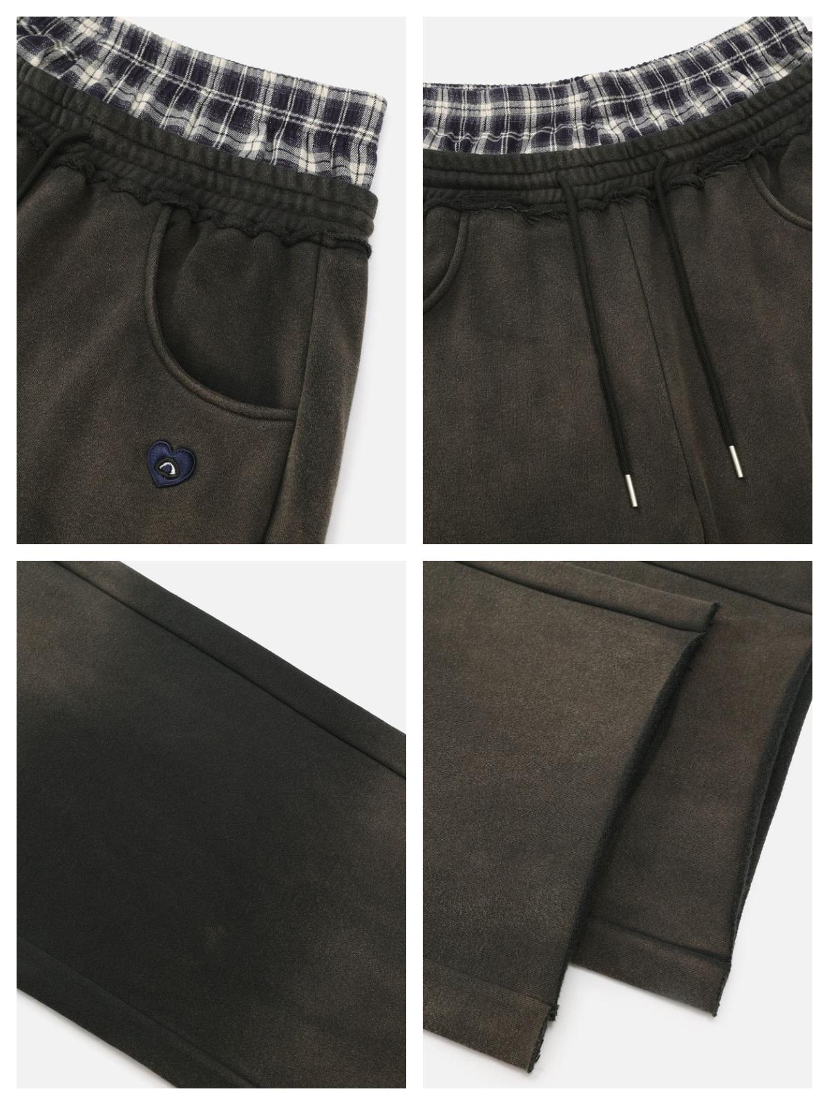 Aelfric Eden Double Waist Washed Baggy Sweatpants Loose Wide Leg Plaid Patchwork Casual Pants with Pockets   Unisex Vintage Streetwear Joggers