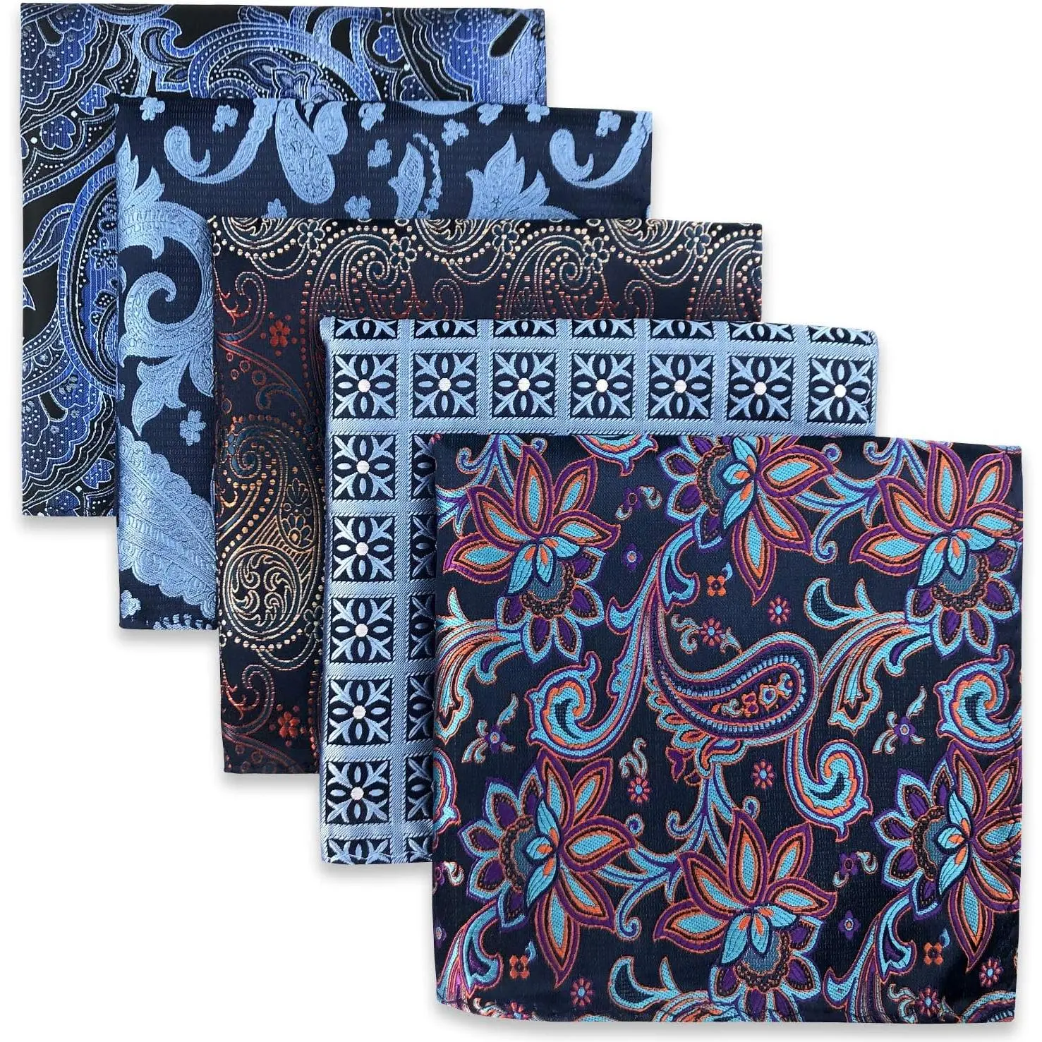 Men's Silk Pocket Square Set - 5-Count Assorted Handkerchiefs, 12.6in x 12.6in, Dry Clean Only, Excellent Craftsmanship, Gift Box, Compatible with Men's Neckties