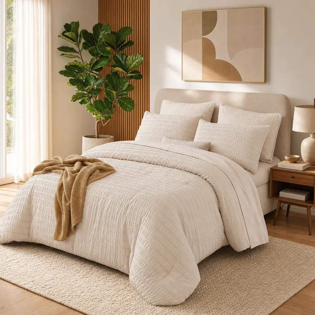 MUXHOMO 7 Pieces Comforter Set, Seersucker Bed in a Bag,girly bedroom decor,Summervibes, All Season Luxury Bedding Set with Comforter, Flat Sheet, Fitted Sheet, Pillowcases & Shams, Beige, Home Decor, Bed Comforter Set