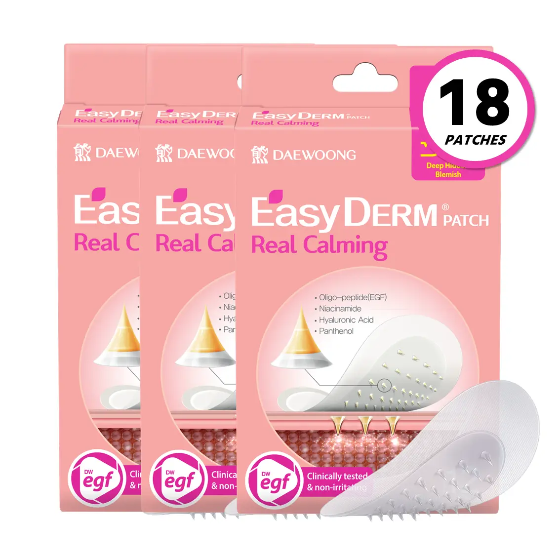 Easyderm Real Calming Patch Micropoint Pimple Patches, Niacinamide, Hyaluronic Acid, EGF, K-Beauty Skincare | 6 Patches per Pack, 3 Packs (18 Total)