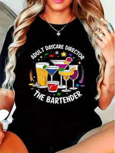 Cotton Funny Bartender TShirt Adult Daycare Director The Bartender Cocktail Party Graphic Tee Womens Black Crewneck Shirt Soft Breathable Loose Fit Top for Bartenders Waitresses Party Outfit