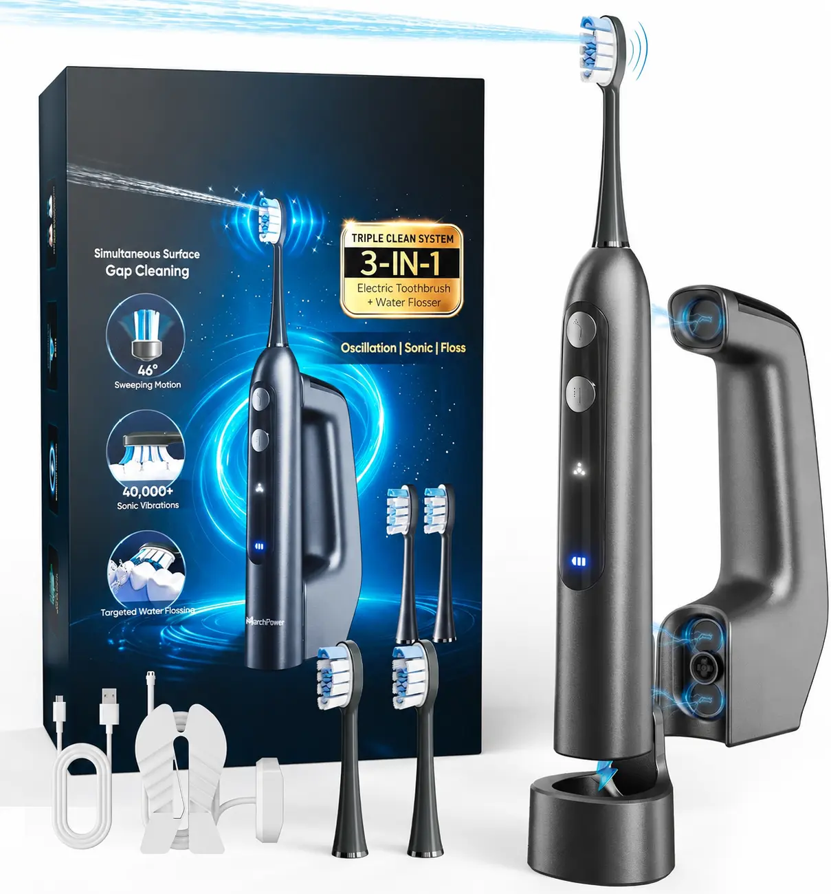 3-in-1 Rechargeable Electronic Toothbrush with Water Flosser 3.0 - Sonic Toothbrush with Sweeping Oscillation, Cordless Portable Teeth Cleaning Combo with ABS Build for Adults, Oral Care (Travel & Daily Use)